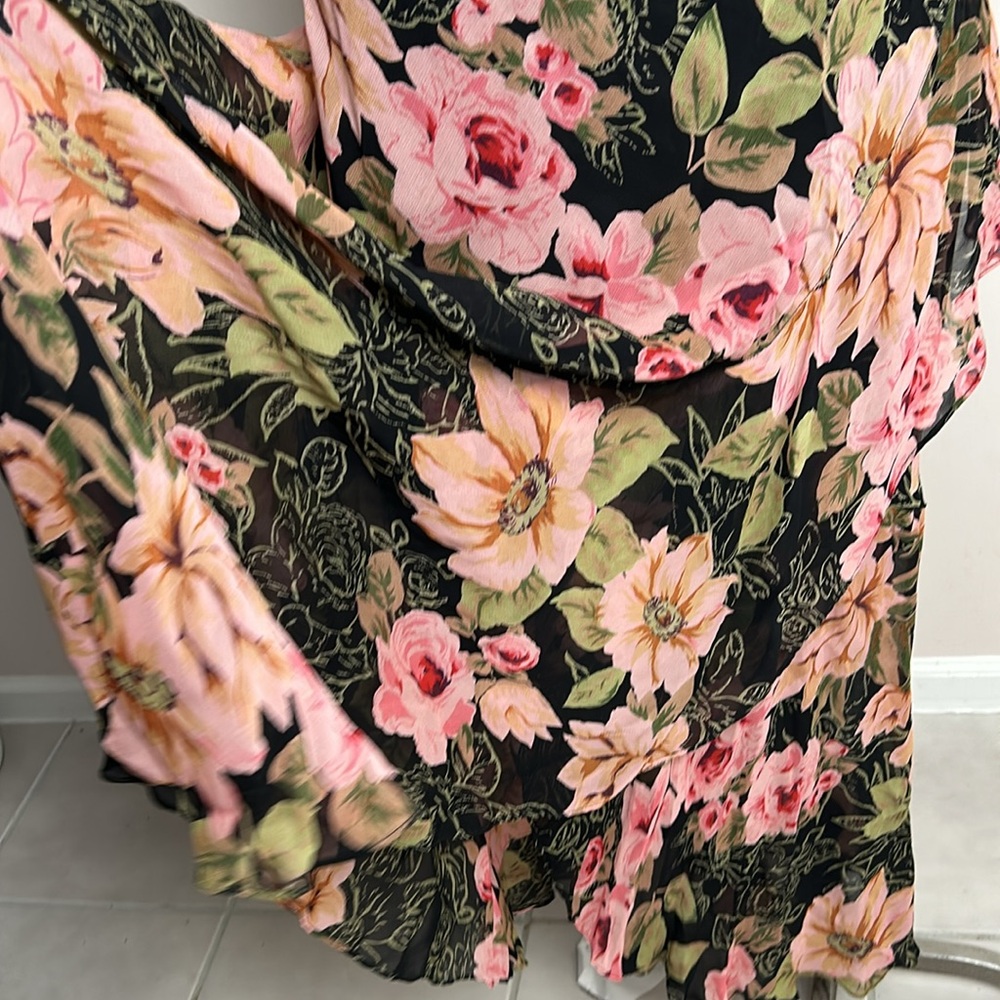Vintage Eva Blue Chiffon Floral Layered Skirt Maxi Black Pink Dress size 12 - Picture 9 of 17